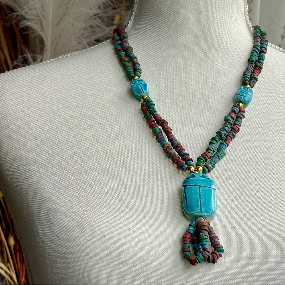 Vintage | Scarab Egyptian Revival Pendant Multi-Colored Clay Disc Beads Necklace